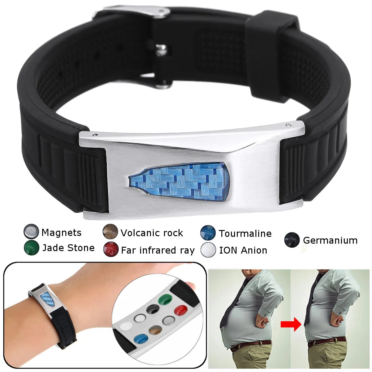 Titanium Steel Silicone Bracelet Armband Power Bio Magnetic Bracelet Anti-Radiation Slimming Therapy Carbon Fiber Bracelet