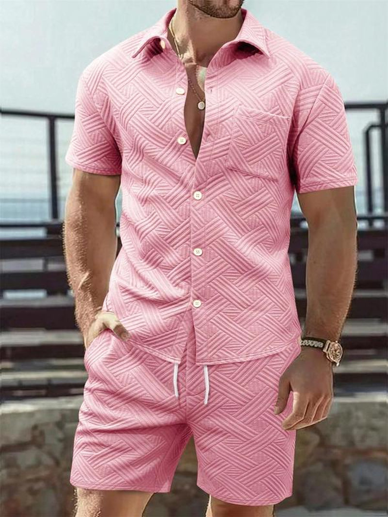 Men'S Solid Color Short Sleeve Shirt & Shorts Two-Piece Set, Loose Casual Button Top & Shorts, Summer Outfits Clothes Set for Men