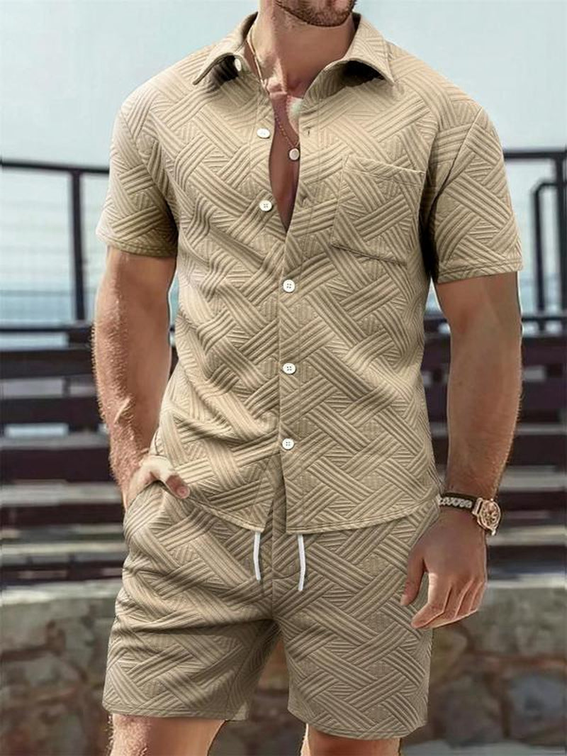 Men'S Solid Color Short Sleeve Shirt & Shorts Two-Piece Set, Loose Casual Button Top & Shorts, Summer Outfits Clothes Set for Men
