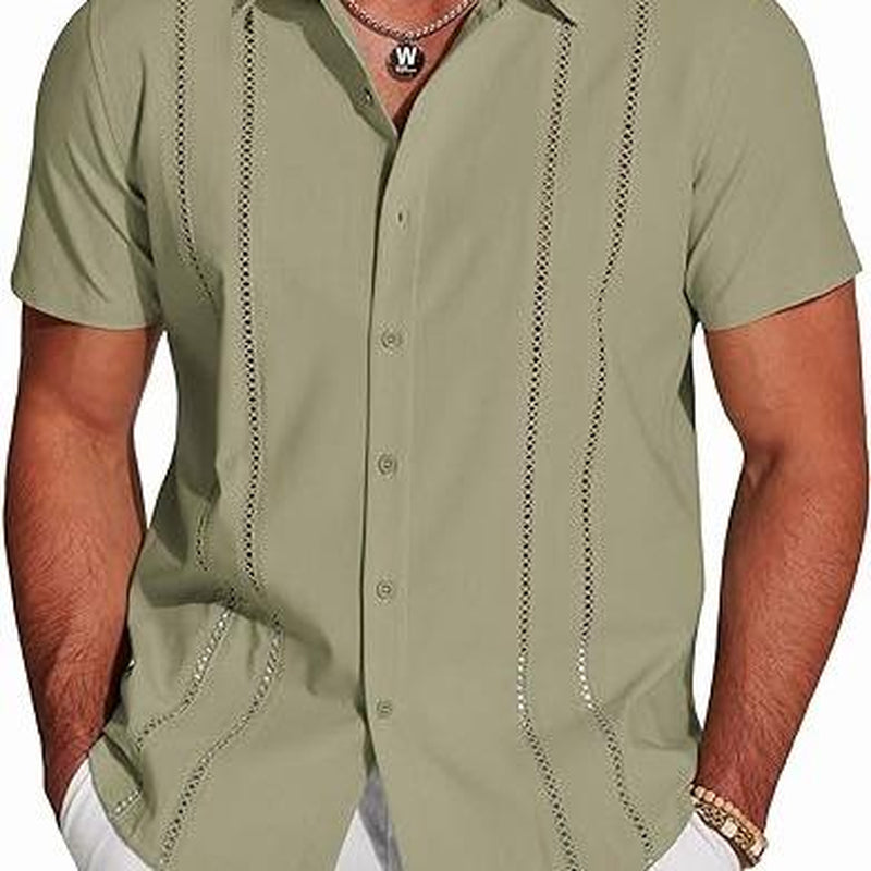 COOFANDY Men'S Cuban Guayabera Shirt Short Sleeve Button down Shirts Casual Summer Beach Linen Shirts Menswear Soft